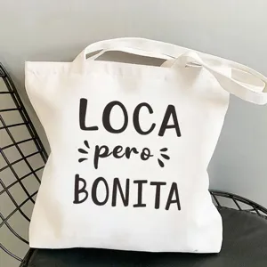 Weisse Canvas Tasche mit spanischem Buchstaben-Print, lässiger Shopper Schultertasche.