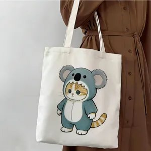 Bolso tote de lona blanca casual con tierno estampado de gato, ideal para escuela y trabajo.