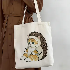 Bolso de hombro de lona estampado con gato lindo, bolso informal diario para estudiantes.