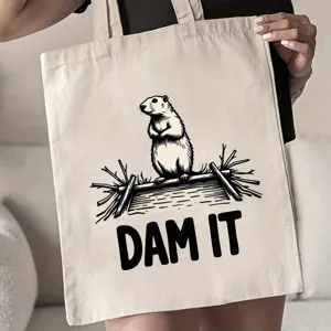 Bolso tote de lona con estampado de castor, bolso de hombro casual para mujer, beige.