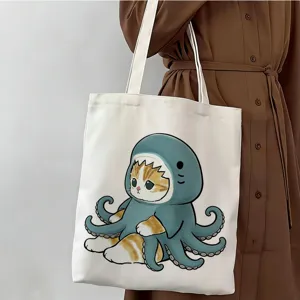 Bolso tote de lona estampado de gato de dibujos animados, bolso de hombro elegante para escuela.