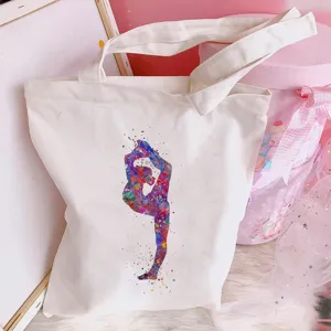 Watercolor ballet dancer print canvas tote bag, detail view showing clean stitching and fabric.