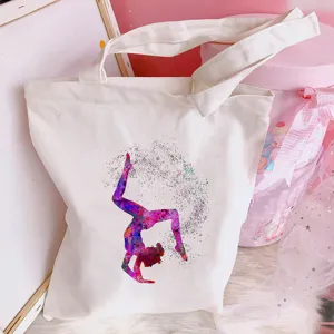 Detailed view of the cute ballet dance girl printed canvas tote shoulder shopping bag.