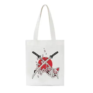 Borsa shopper in tela in stile giapponese con stampa maschera di volpe kitsune e katana.