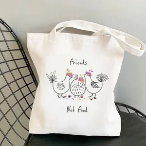 Detailaufnahme einer weißen Canvas-Tragetasche mit niedlichem Tier-Design und Textdruck.