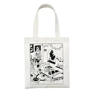 Witte canvas shopper tas met schattige gotische skeleton en kat illustratie voor dagelijks.