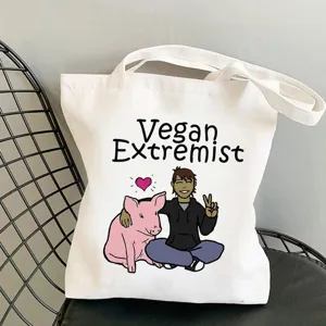Harajuku Vegan Druck Segeltuch Tragetasche Westlich Retro Damen Groß Lässig Schultertasche Handtasche Offen Wiederverwendbar Einkaufstasche