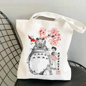 Canvas tote bag with anime Totoro print, Harajuku style single shoulder shopping handbag.