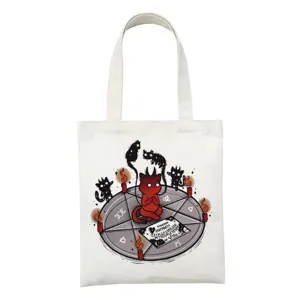 Gedetailleerd uitzicht op de gotische satankat print op witte canvas tas, schattig occult.