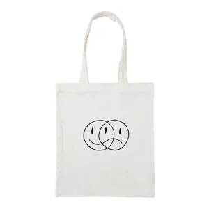 Minimalist smiley face print canvas tote bag, casual shoulder handbag for students.