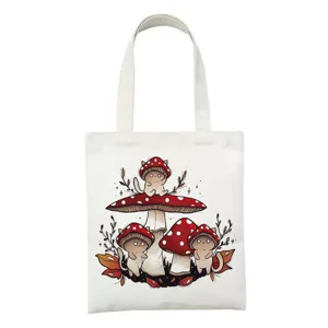 Canvas shopper tas met schattige paddenstoel kat print, ideale casual schoudertas.