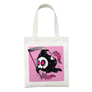 Witte canvas shopper tas met schattige satan kat maaiersgraphic, casual handtas.