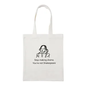 Casual white canvas tote bag with funny Shakespeare line art print, perfect for daily use.