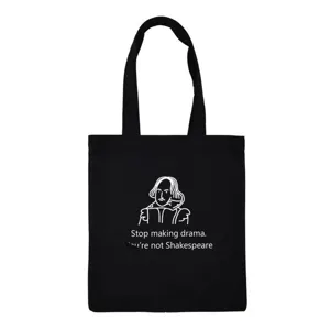 Black canvas tote bag featuring a minimalist Shakespeare graphic and funny quote detail.