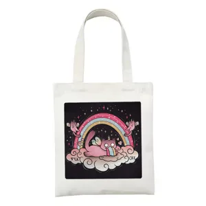 Witte canvas shopper met schattige satan kat demon grafische print, ideaal voor studenten.