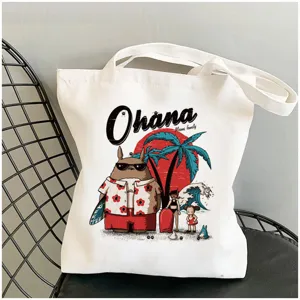 White canvas tote bag with anime character graphic, casual shoulder bag for daily use.
