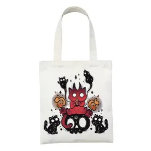 Detailopname van de unieke satan kat demon print op een witte canvas draagtas.