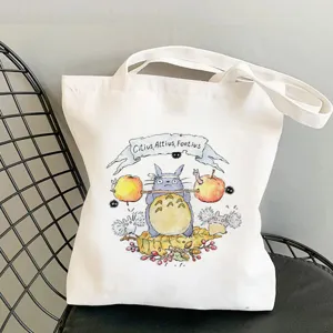 Cute anime print white canvas tote bag casual daily shoulder shopping handbag for women