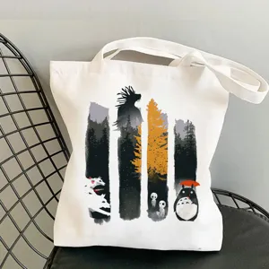 White canvas tote bag featuring cute anime character print, casual daily shoulder shopping bag.