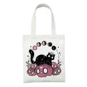 Canvas tas met goth kat en schedel print, stijlvolle schoudertas voor dagelijks gebruik.