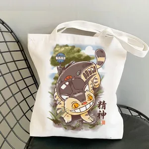 Canvas tote bag with anime catbus graphic print, casual shoulder bag for daily use.