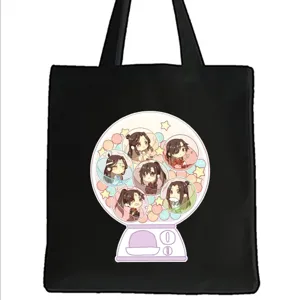 Schwarze Canvas-Tragetasche mit süßem Anime-Gashapon-Druck, lässige Schulter-Einkaufstasche.