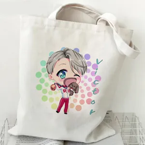 Leinwand Tragetasche mit Anime-Print und Victor-Grafik, lässige Umhängetasche Detailansicht.