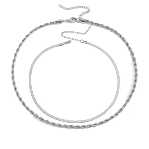 Silbernes Edelstahl mehrlagiges Ketten Set Kordel und Schlangenkette Damen Modeschmuck