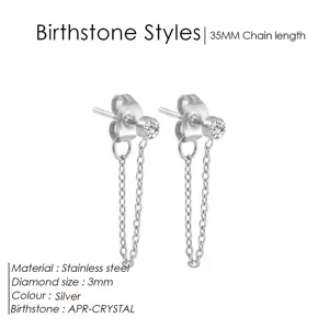 Boucles d'oreilles clous en acier inoxydable avec chaîne de 35 mm et strass brillant.
