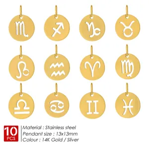 Ciondoli segno zodiacale 13mm in acciaio inossidabile, charm rotondi placcati oro 14K.