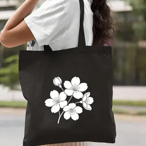Sac cabas en toile noir minimaliste avec élégant imprimé de fleurs de cerisier blanc.