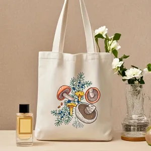 Detailed view of botanical mushroom printed canvas tote bag styled nicely with floral decor.