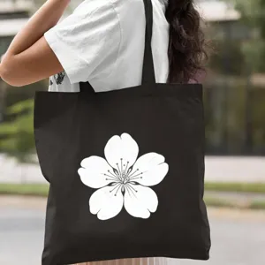 Détail en gros plan du sac cabas en toile noire avec impression florale blanche et bandoulière.