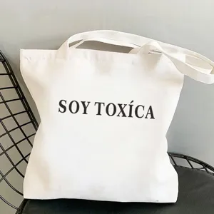 Stofftasche aus Segeltuch mit spanischem Textdruck, lässige Umhängetasche für den Alltag.