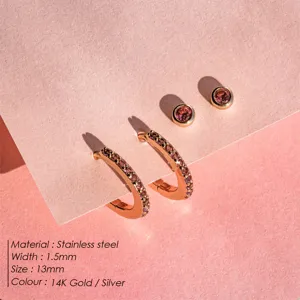 Pendientes de Aro Redondos de Acero Inoxidable Minimalistas Con Diamantes de Imitación de Piedras Natales Pequeños para Mujer