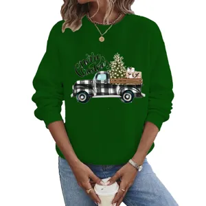 Women Christmas Tree Truck Print Crewneck Sweatshirt Long Sleeve Polyester Pullover Casual Holiday Loose Top