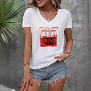 Women's Casual V-Neck Short Sleeve Polyester T-Shirt Rock Style Printed Graphic Loose Fit Fashion Top White Black Tee