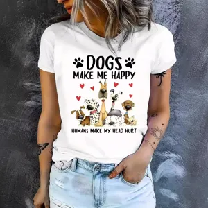 Maglietta da Donna Casual con Stampa Grafica di Cane Lettera Divertente Manica Corta Girocollo Top in Poliestere Bianco Largo