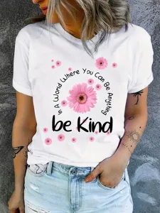 Casual white short sleeve t-shirt for women featuring pink daisy graphic and inspirational text.