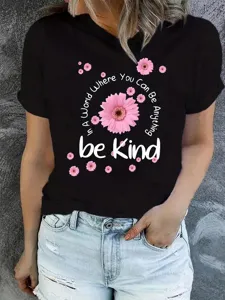 Women's black short sleeve t-shirt featuring pink floral and inspirational letter print detail.