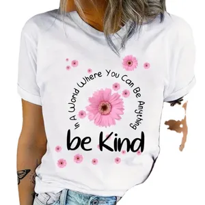 Women white short sleeve t-shirt with inspirational quote and pink daisy floral print top.