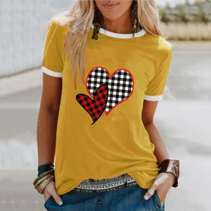 Femme t shirt manches courtes ete decontracte haut avec motif de coeur carreaux mode.