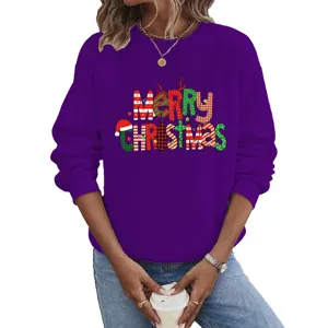Women Christmas Merry Christmas Letter Graphic Print Crewneck Sweatshirt Polyester Long Sleeve Casual Pullover Holiday Top