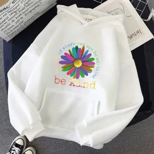 Sweat a capuche blanc avec graphique de marguerite coloree et impression, pull decontracte.