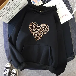 Sweat à capuche noir décontracté pour hommes et femmes, avec un motif de cœur en imprimé léopard.