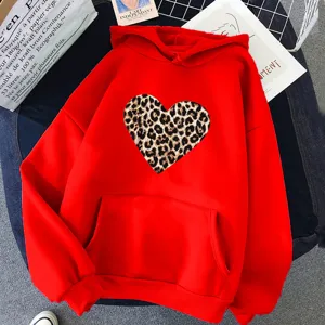Sweat à Capuche Unisexe Imprimé Cœur Léopard Casual Streetwear Pull à Capuche Avec Poche Kangourou Haut Manches Longues