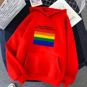 Sweat à Capuche Unisexe en Polaire de Polyester Imprimé Drapeau Arc-en-Ciel Manches Longues Pullover Streetwear Casual Top Homme Femme