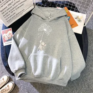 Sweat à capuche gris avec imprimé éléphant et pissenlit, streetwear unisexe confortable et tendance.