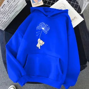 Sweat à capuche bleu avec graphique éléphant pissenlit, pull unisexe décontracté avec poche kangourou.