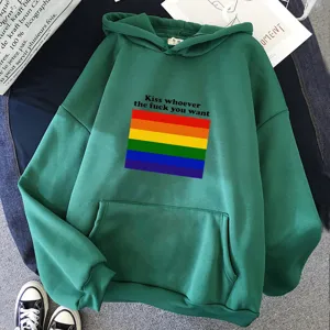 Sweat à capuche vert avec drapeau arc-en-ciel et imprimé, sweat casual manches longues.